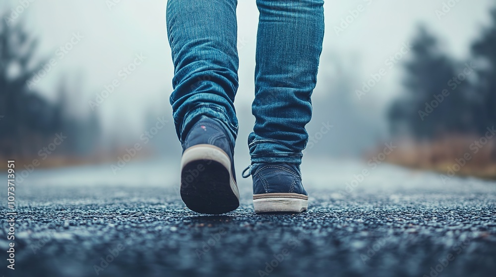 Close-up of feet walking on an empty road Close-up of feet walking on an empty road