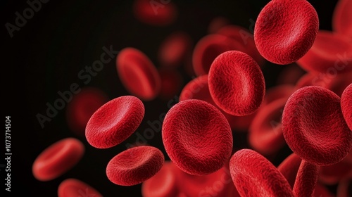 A close-up view of red blood cells floating in a dark environment, showcasing their biconcave shape and vibrant color.