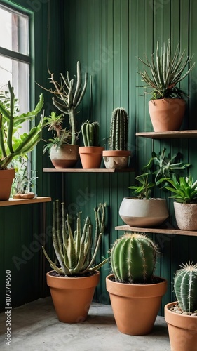 Stylish Home Garden Interior with Plants, Cacti, Succulents, and Green Wall Paneling