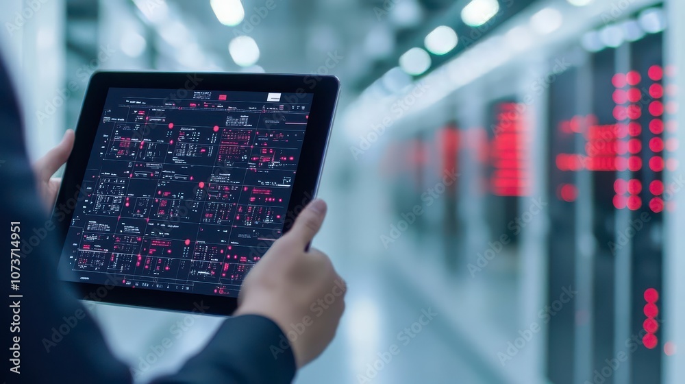 A person is holding a tablet in front of a computer screen. The screen is displaying a lot of information A person is holding a tablet in front of a computer screen. The screen is displaying a lot of information