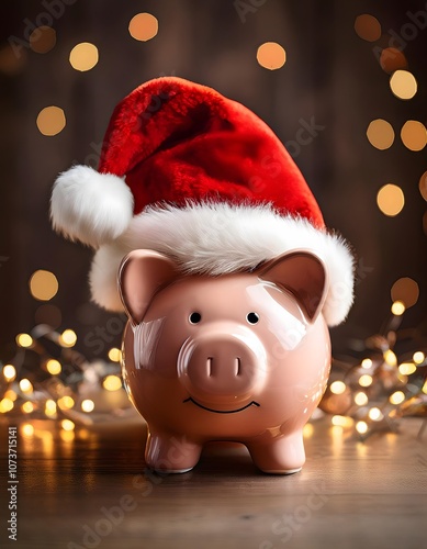 Festive Piggy Bank with Santa Hat and Holiday Lights for Christmas Savings Concept