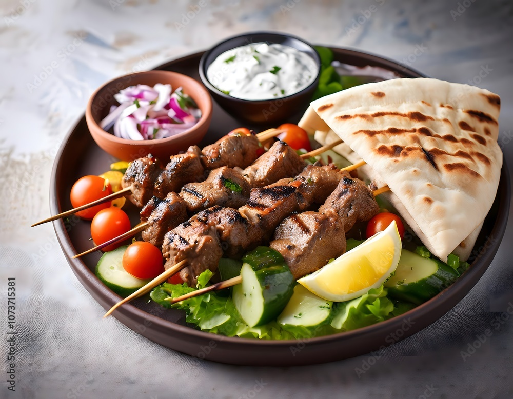 Greek Lamb Souvlaki Plate with Pita, Tzatziki, and Fresh Greek Salad for Culinary Inspiration Greek Lamb Souvlaki Plate with Pita, Tzatziki, and Fresh Greek Salad for Culinary Inspiration
