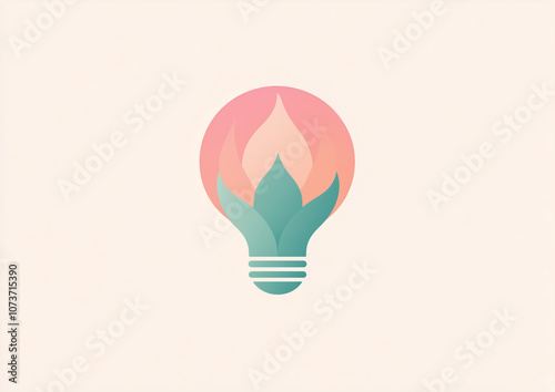 Minimalist abstract illustration of a light bulb with floral and leaf elements in pastel colors, symbolizing eco-friendly ideas and creativity in a modern concept