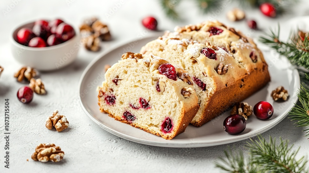 Festive cranberry bread with icing on plate Festive cranberry bread with icing on plate