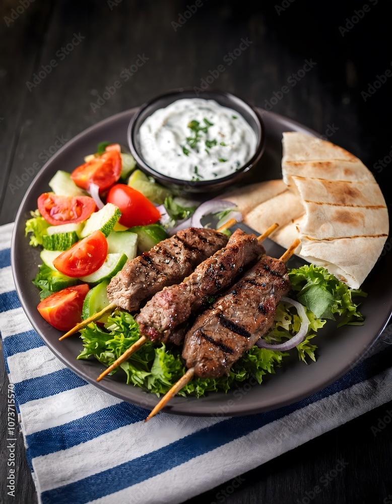 Greek Lamb Souvlaki Plate with Pita, Tzatziki, and Fresh Greek Salad for Culinary Inspiration Greek Lamb Souvlaki Plate with Pita, Tzatziki, and Fresh Greek Salad for Culinary Inspiration