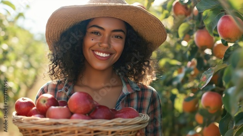 Smiling Woman Harvesting Apples in Orchard Wearing Straw Hat