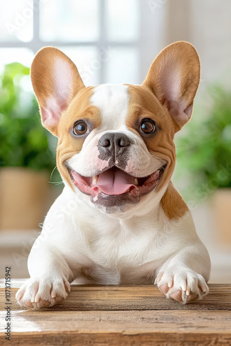 Features cute french bulldog sitting kitchen - counter looking directly