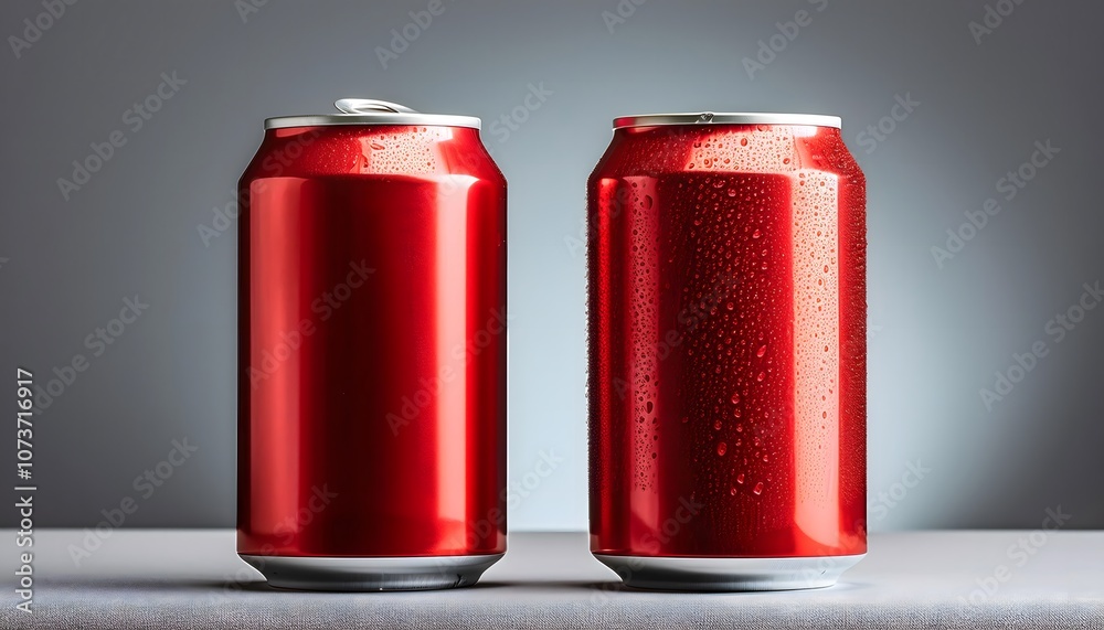 Two shiny red soda cans with condensation, standing side by side against a simple gray background. Two shiny red soda cans with condensation, standing side by side against a simple gray background.