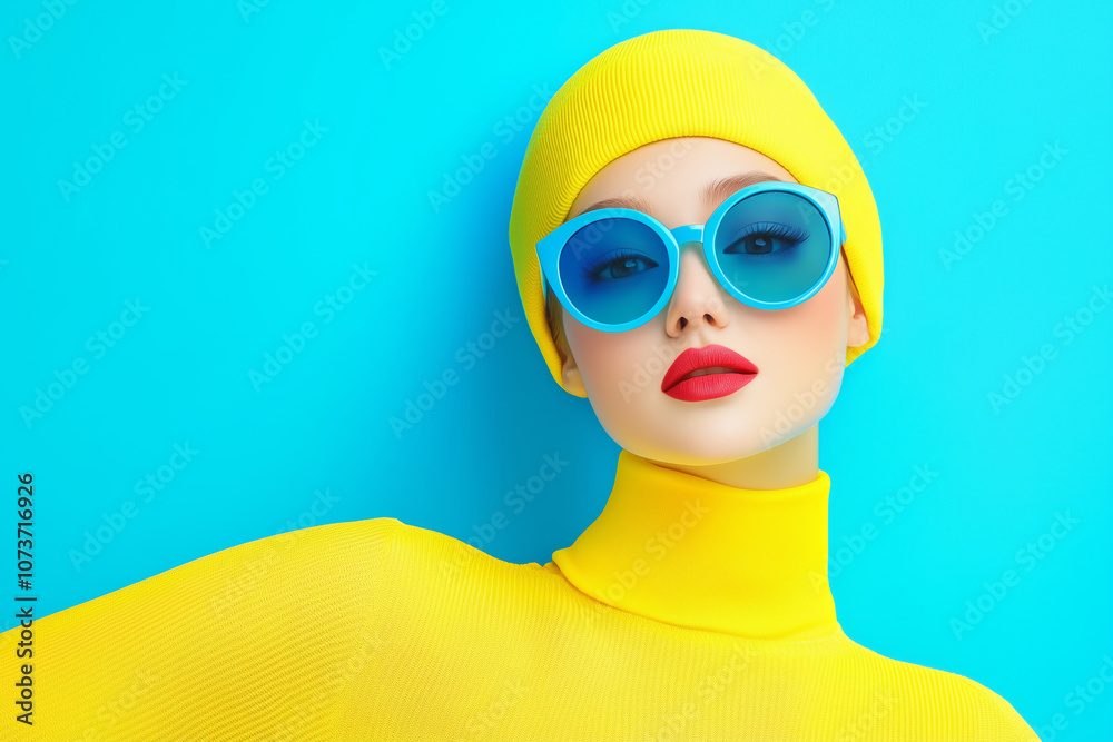 Bright fashion portrait of a model in yellow with blue accents on a turquoise backdrop Bright fashion portrait of a model in yellow with blue accents on a turquoise backdrop
