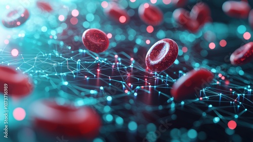 A visualization of red blood cells amidst a digital network, illustrating the intersection of biology and technology.