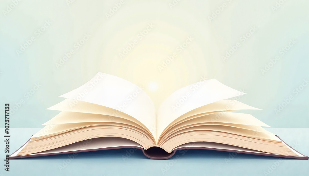 Open book with blank pages radiating light on a soft background Open book with blank pages radiating light on a soft background