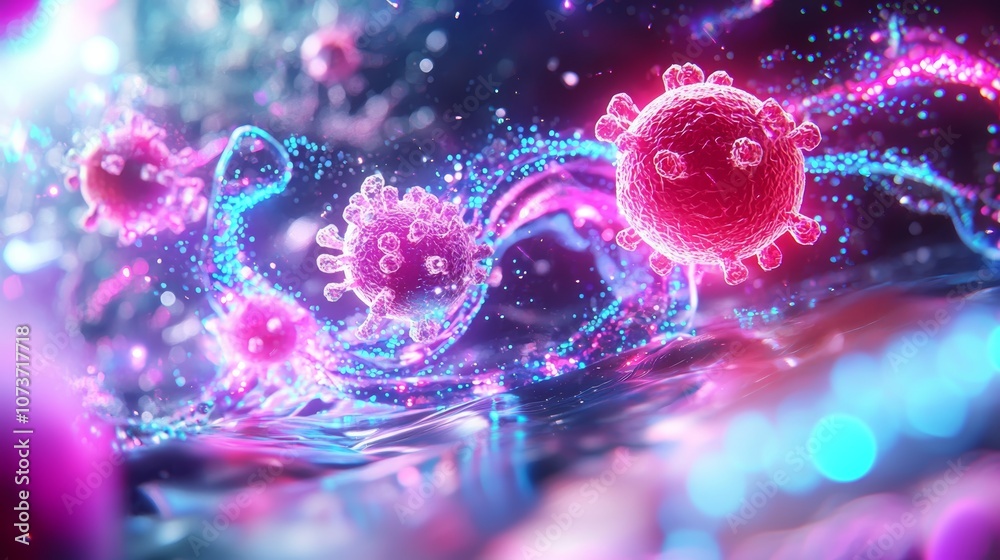 A vibrant illustration of microscopic entities, showcasing colorful cellular structures resembling viruses, floating in a fluid-like environment. A vibrant illustration of microscopic entities, showcasing colorful cellular structures resembling viruses, floating in a fluid-like environment.
