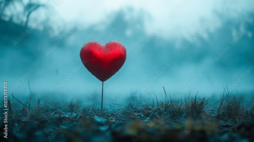 Red heart-shaped balloon in foggy outdoor landscape during early morning Red heart-shaped balloon in foggy outdoor landscape during early morning