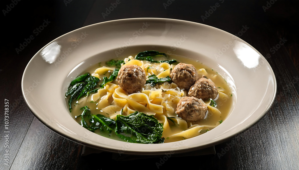 Clear Italian broth surrounds tender pasta, savory meatballs, and fresh spinach, creating a_1(383) Clear Italian broth surrounds tender pasta, savory meatballs, and fresh spinach, creating a_1(383)