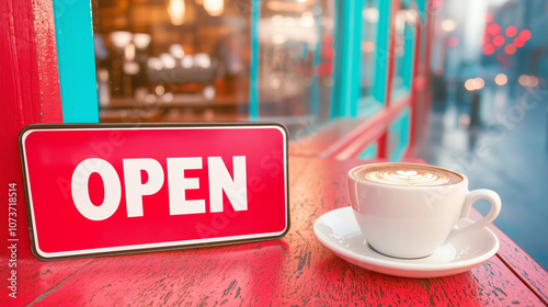 Cozy cafe in a vibrant city welcomes customers with an open sign and a cup of steaming coffee