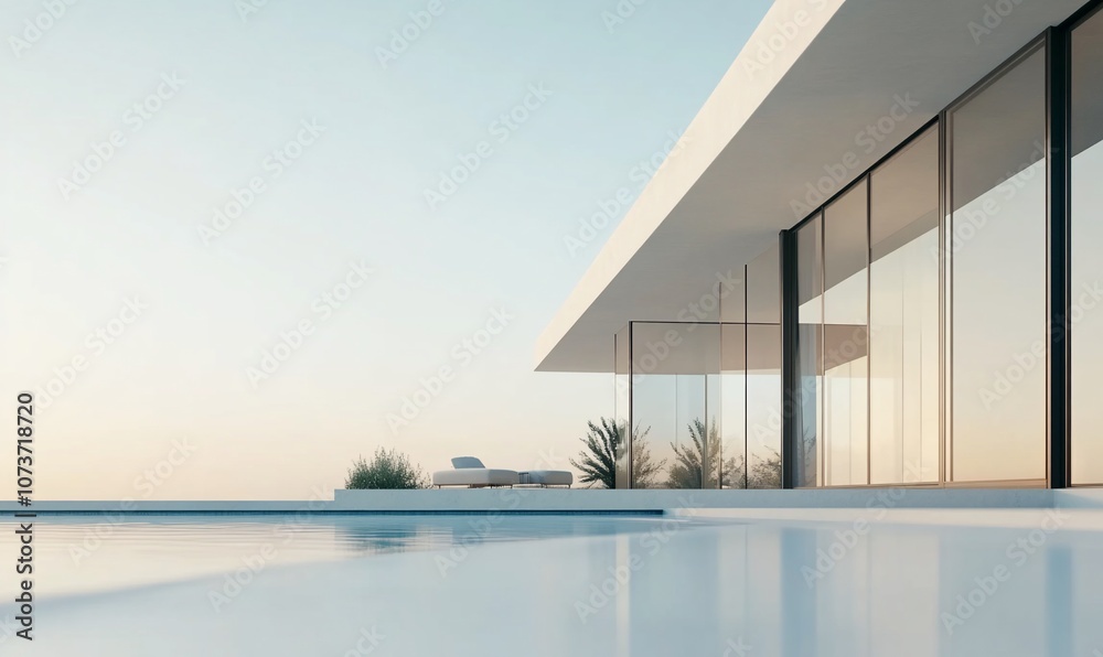 Obraz premium Minimalist modern home with a swimming pool and large windows overlooking the ocean.