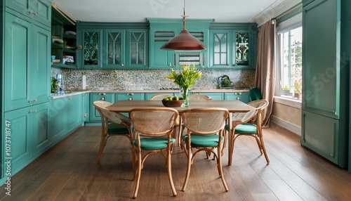 Classsical home kitchen interior with dining table and cabinet, closeup photo