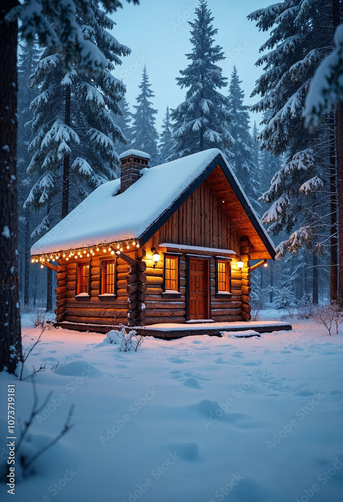 Rustic Wooden Cabin in Snowy Forest with Cozy Christmas Lights Rustic Wooden Cabin in Snowy Forest with Cozy Christmas Lights