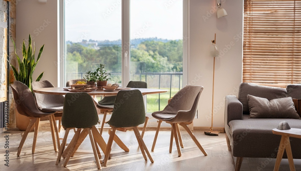 Cozy home living room interior with eating table and chairs, panoramic window