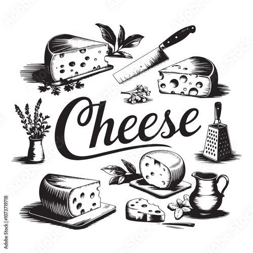 Cheese dices slices Vector and illustration with black and white vintage style