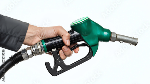 Person Refueling Car with Fuel Pump on White Background