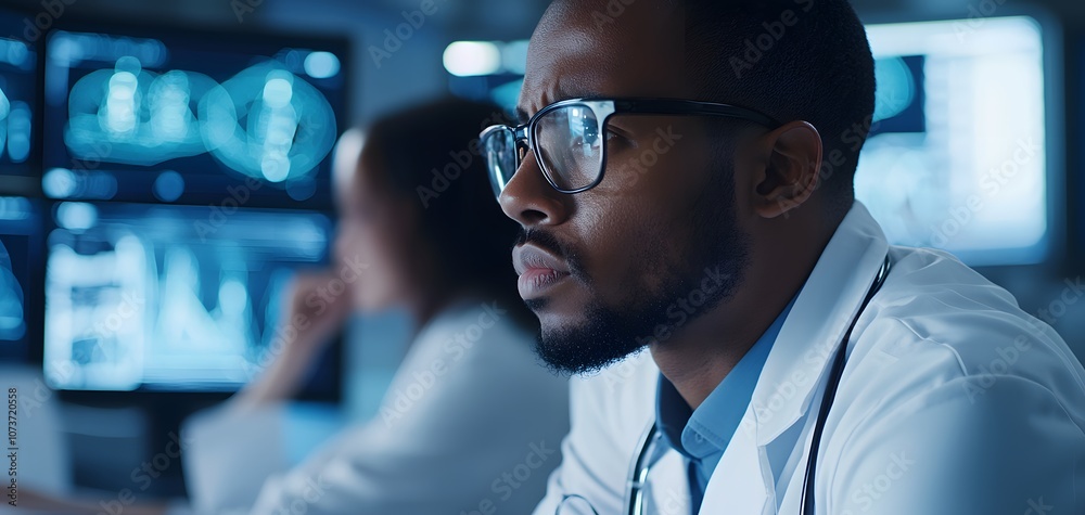 A focused medical professional examines data on high-tech monitors, showcasing the importance of analytics in healthcare and modern medicine. A focused medical professional examines data on high-tech monitors, showcasing the importance of analytics in healthcare and modern medicine.