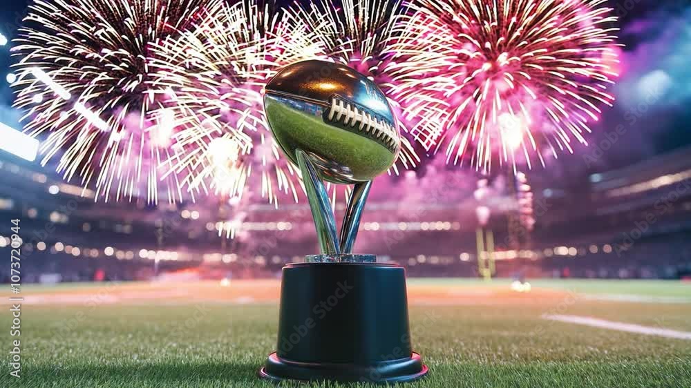 The championship trophy on the field after a thrilling american football match, bright victory celebration with fireworks