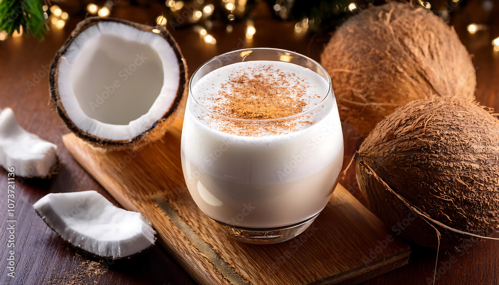 Brazilian batida de coco made with coconut milk, rum, and condensed milk, topped with c_1(373) Brazilian batida de coco made with coconut milk, rum, and condensed milk, topped with c_1(373)