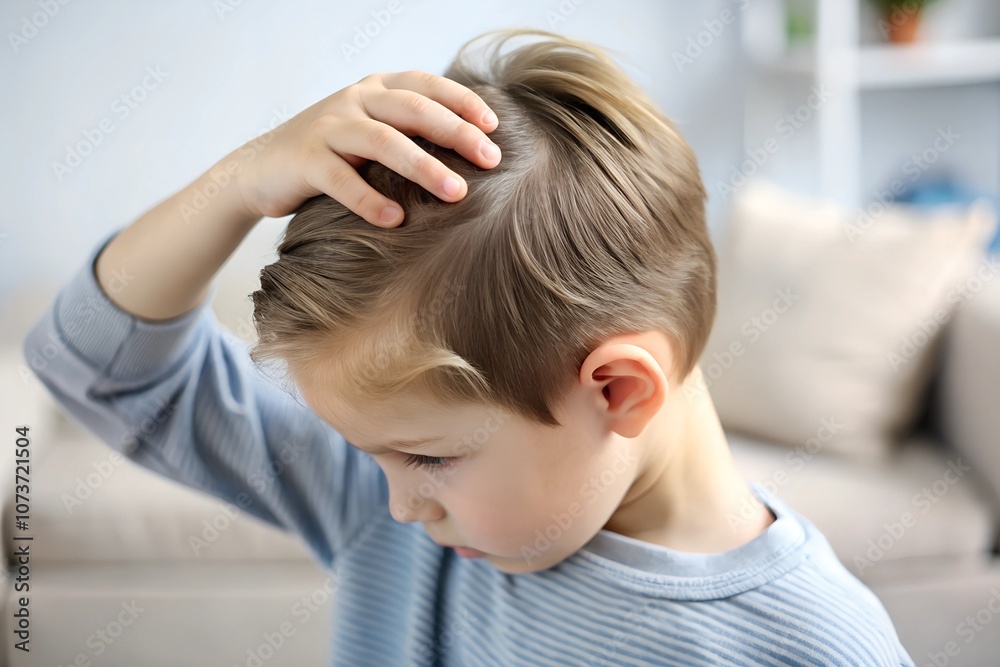 A thoughtful young boy scratching his head indoors, representing curiosity or concern. Great for parenting or health-related visuals. A thoughtful young boy scratching his head indoors, representing curiosity or concern. Great for parenting or health-related visuals.