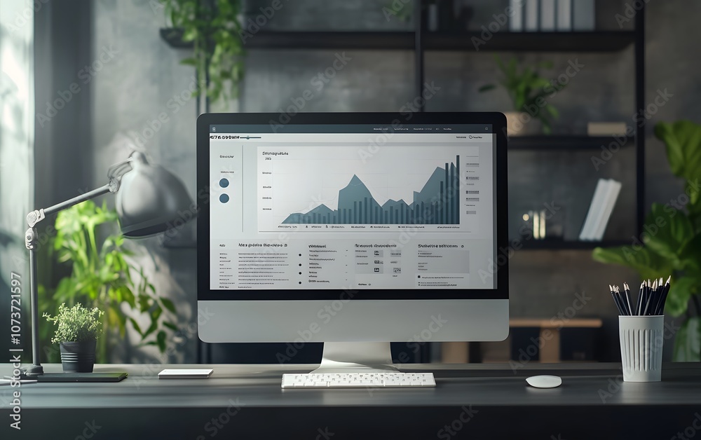 A modern workspace featuring a sleek computer displaying analytics data. A well-organized desk with a lamp and greenery creates an inviting atmosphere for productivity. A modern workspace featuring a sleek computer displaying analytics data. A well-organized desk with a lamp and greenery creates an inviting atmosphere for productivity.