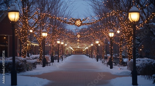 A snow-covered street lined with trees adorned with twinkling Christmas lights.