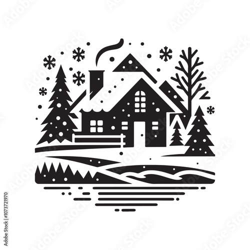 Winter House Silhouette Vector | Cozy Snowy Cottage Illustration for Design