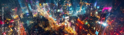 A stunning aerial view of a vibrant cityscape at night, showcasing bright lights, bustling streets, and an array of modern skyscrapers that embody urban energy and creativity.