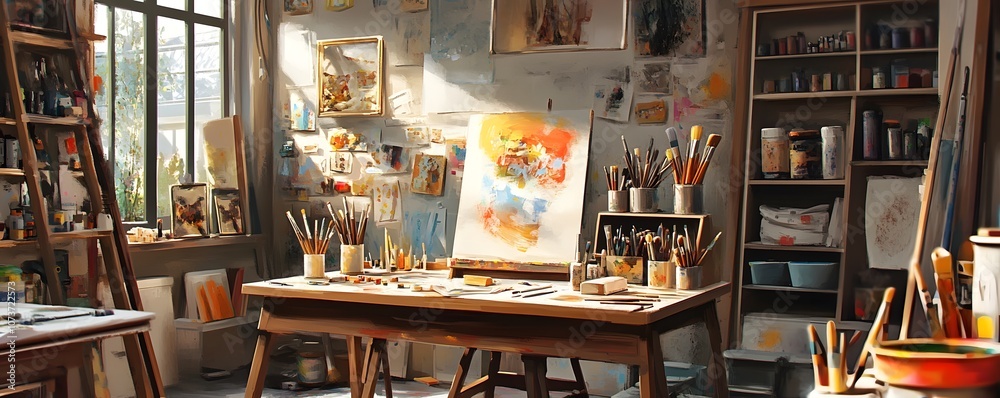 A vibrant artist's studio filled with various painting supplies, canvases, and a cozy ambiance that inspires creativity A vibrant artist's studio filled with various painting supplies, canvases, and a cozy ambiance that inspires creativity