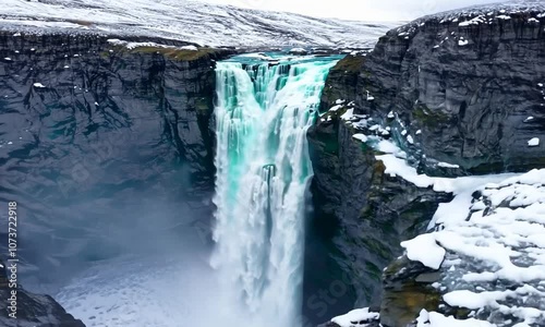 winter waterfall, water flowing from the rocks