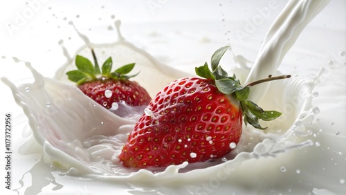 Frische Erdbeere in spritzender Milch – Nahaufnahme mit dynamischem Effekt