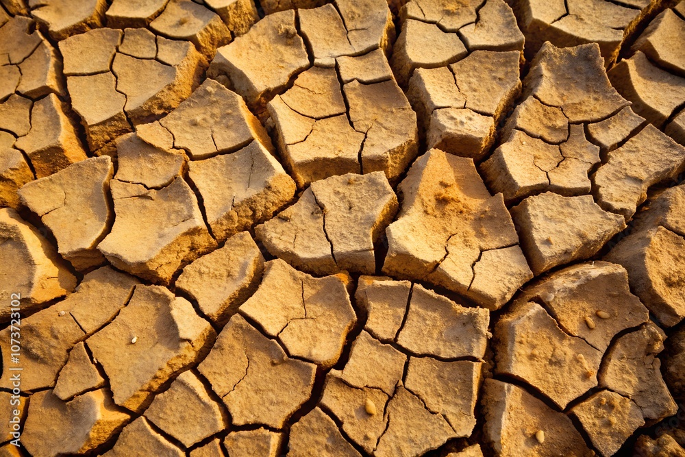 Close-up view of parched, cracked soil with irregular shapes and earthy tones, emphasizing the rugged beauty of natural drought textures under warm sunlight. Close-up view of parched, cracked soil with irregular shapes and earthy tones, emphasizing the rugged beauty of natural drought textures under warm sunlight.