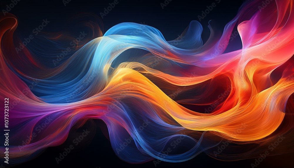 Fototapeta premium Abstract digital art with flowing lines of blue, red, and orange on a black background.