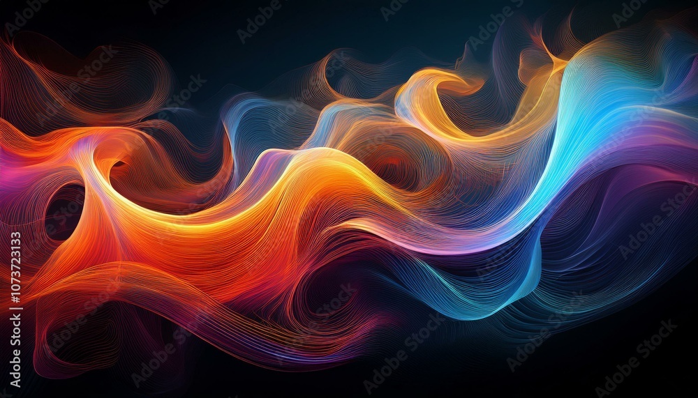 Abstract swirling lines of light in shades of orange, blue, and purple against a dark background. Abstract swirling lines of light in shades of orange, blue, and purple against a dark background.