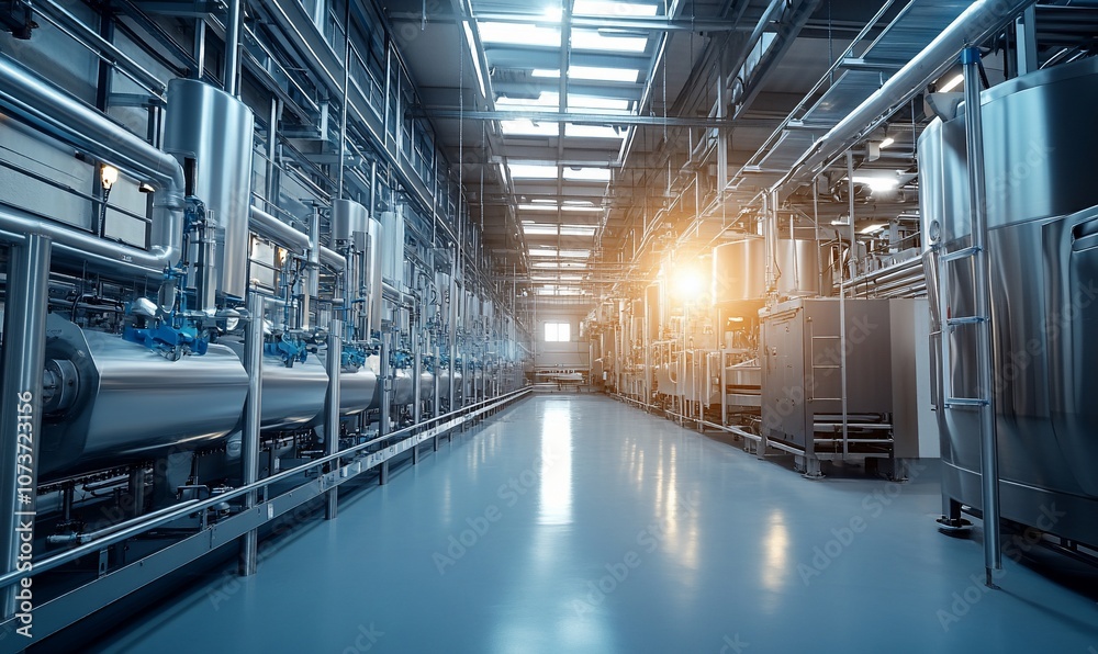 Modern industrial factory with stainless steel machinery and pipes. Sunlight streams through a large window at the end of the long corridor. Modern industrial factory with stainless steel machinery and pipes. Sunlight streams through a large window at the end of the long corridor.
