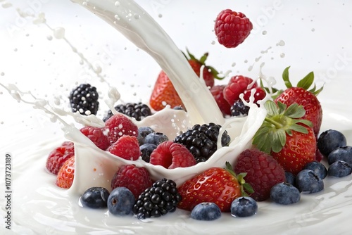 Mix aus frischen Beeren im Milch-Splash – Dynamische Aufnahme voller Farben