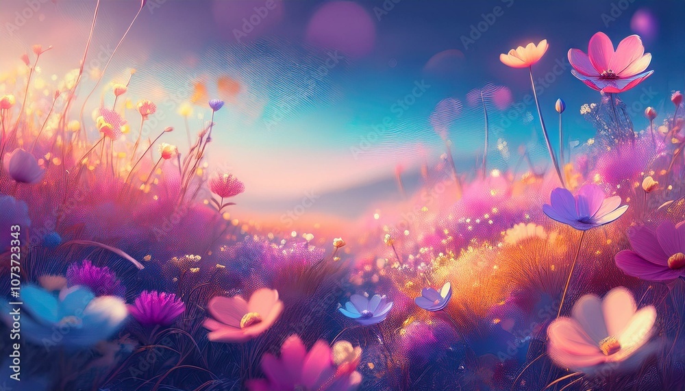 Obraz premium A field of wildflowers in full bloom, bathed in the warm glow of the setting sun.