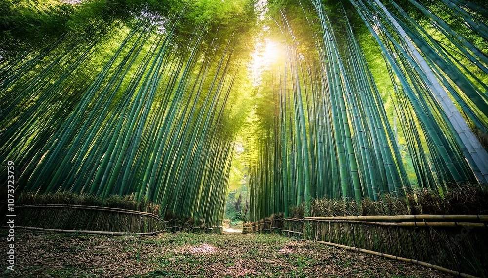 A sunlit path winds through a dense bamboo forest, creating a serene and peaceful atmosphere. A sunlit path winds through a dense bamboo forest, creating a serene and peaceful atmosphere.