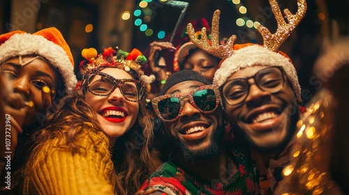 Taking part in a virtual celebration of Christmas with festive backgrounds and holiday cheer, a team of employees has a great time photo