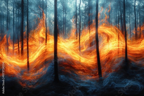 Intense forest blaze with surreal waves of fire and smoke