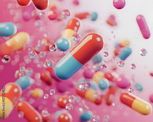 Colorful capsules and bubbles in a vibrant background, representing pharmaceutical concepts. photo