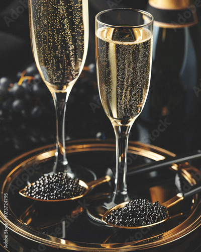 Two champagne glasses on a black background with spoon of black caviar