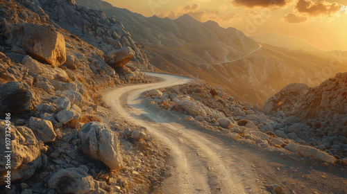 A breathtaking image showing large fallen rocks blocking a winding mountain road, illuminated by the golden hues of sunset, reflecting the challenges of navigating rugged terrain