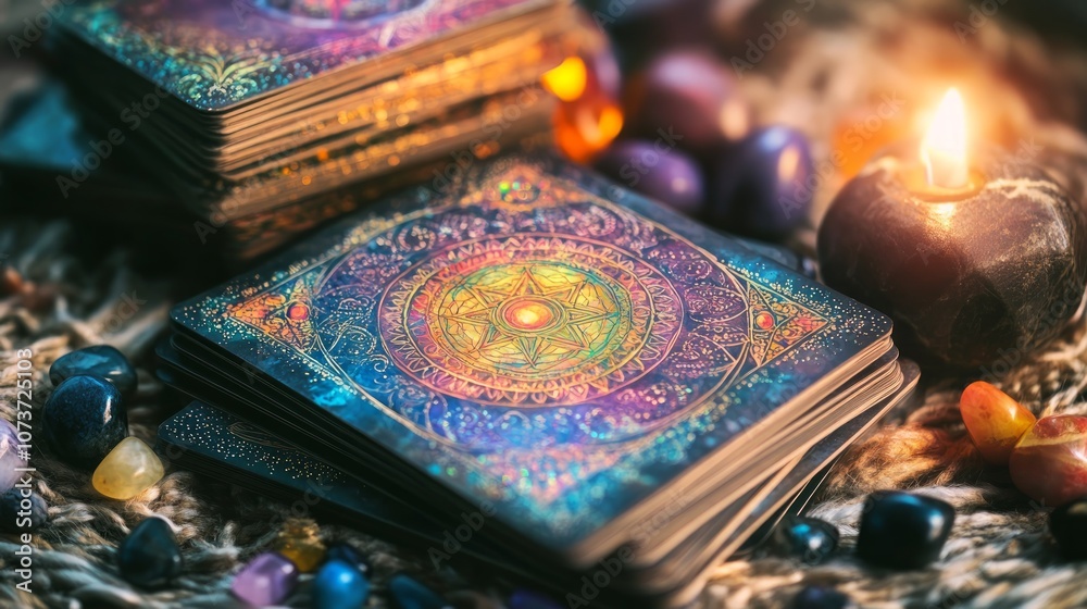A deck of tarot cards sits on a table with a lit candle, crystals, mandala design, and a fuzzy surface in the background. A deck of tarot cards sits on a table with a lit candle, crystals, mandala design, and a fuzzy surface in the background.