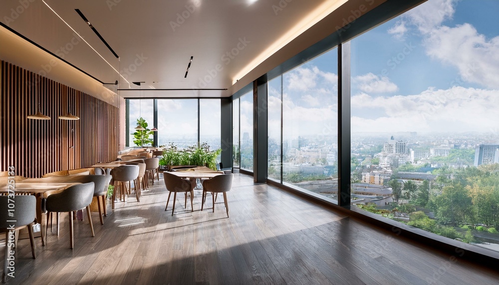 Modern cafe interior with wooden accents and city view. 3D Rendering Modern cafe interior with wooden accents and city view. 3D Rendering